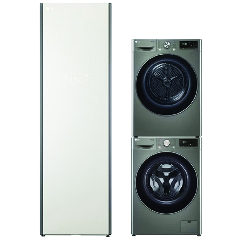 LG AI DD™ Máy giặt lồng ngang 12kg Xám FV1412S3PA, Máy sấy LG DUAL Inverter Heat Pump™ 10,5kg (đen) DVHP50B và Tủ chăm sóc quần áo thông minh - LG styler - Màu be S5BOC