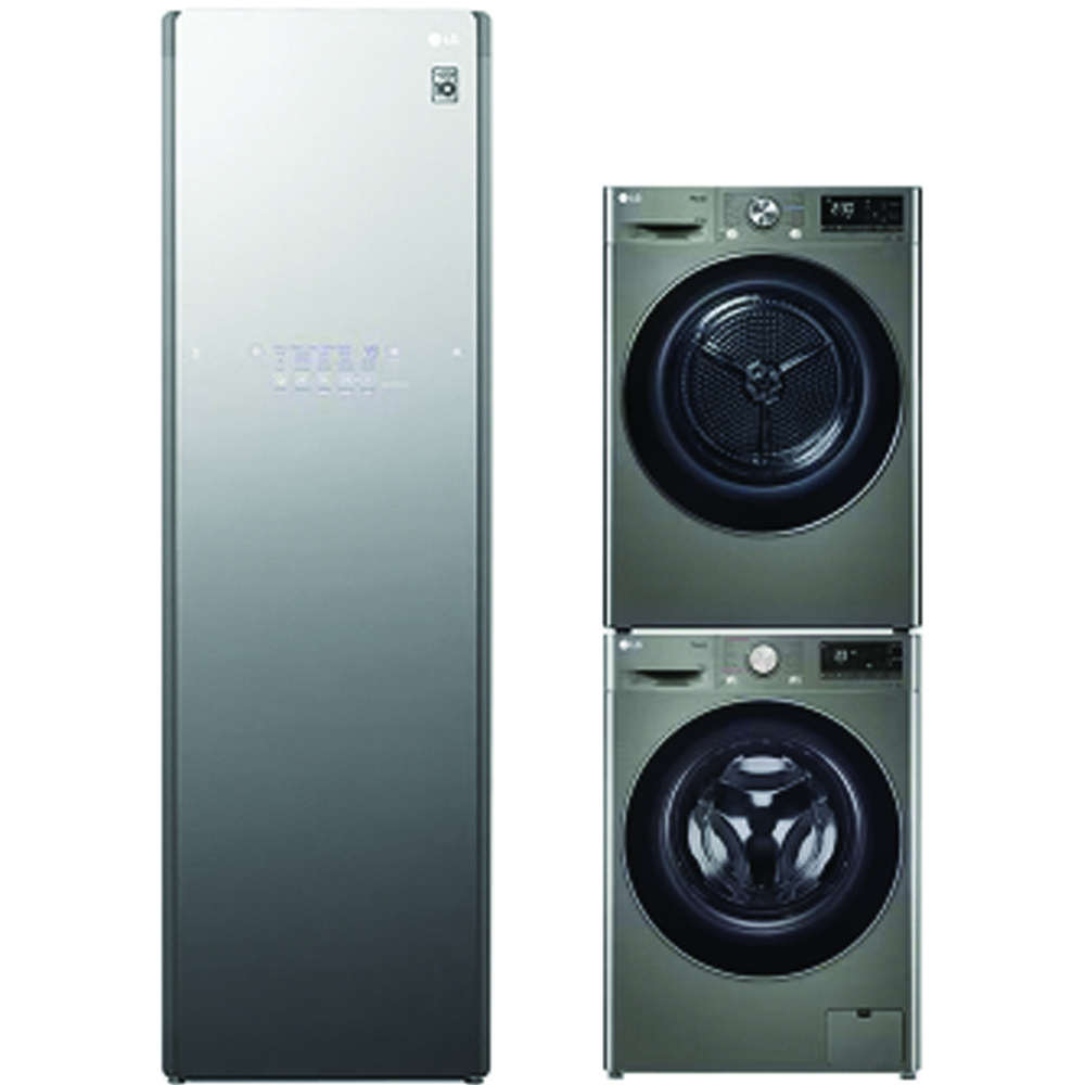LG AI DD™ Máy giặt lồng ngang 12kg Xám FV1412S3PA, Máy sấy LG DUAL Inverter Heat Pump™ 10,5kg (đen) DVHP50B và Tủ chăm sóc quần áo thông minh - LG styler – Màu gương kính S5MB