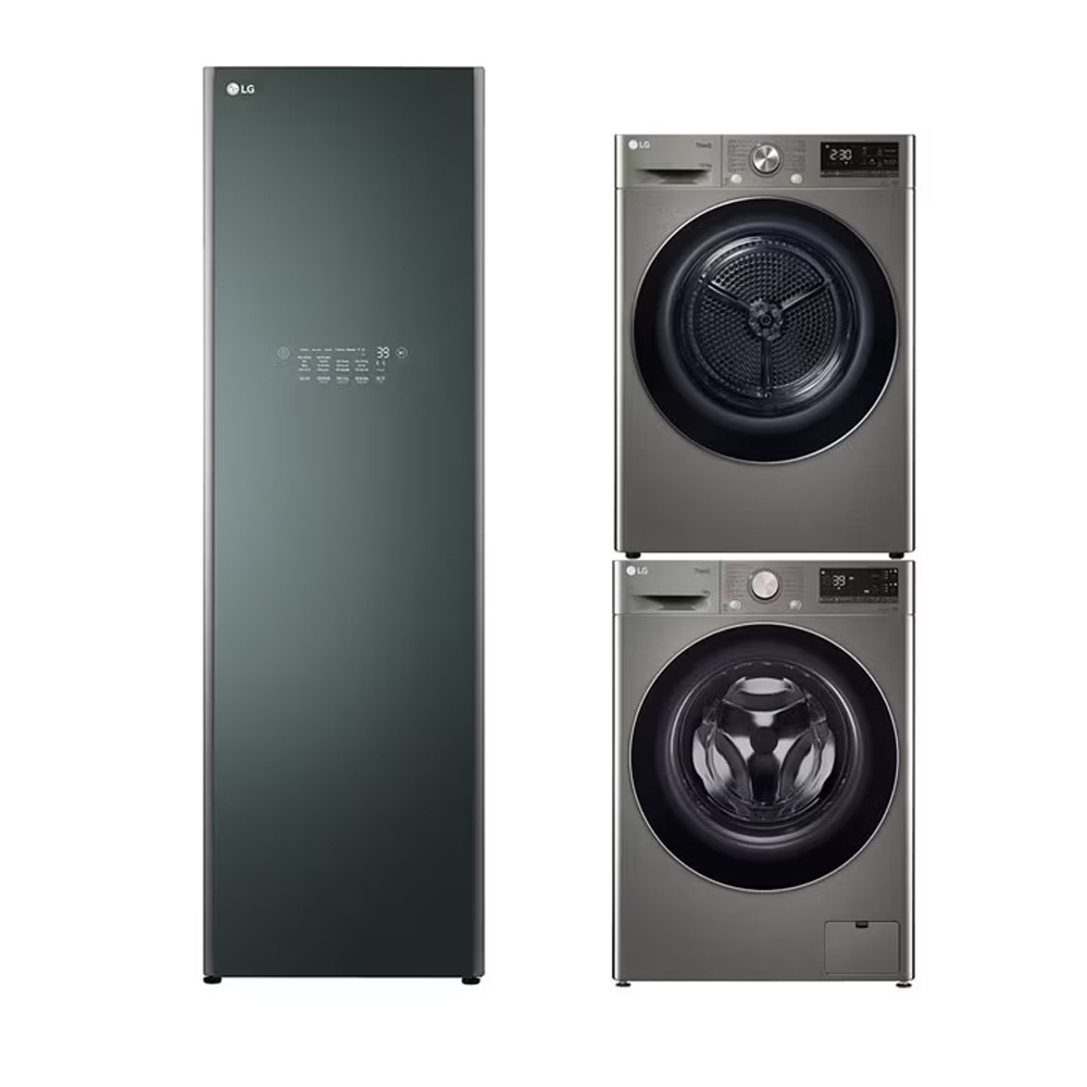 LG AI DD™ Máy giặt lồng ngang 12kg Xám FV1412S3PA, Máy sấy LG DUAL Inverter Heat Pump™ 10,5kg (đen) DVHP50B và Tủ chăm sóc quần áo thông minh - LG styler - Màu xanh lá cây S5GOC